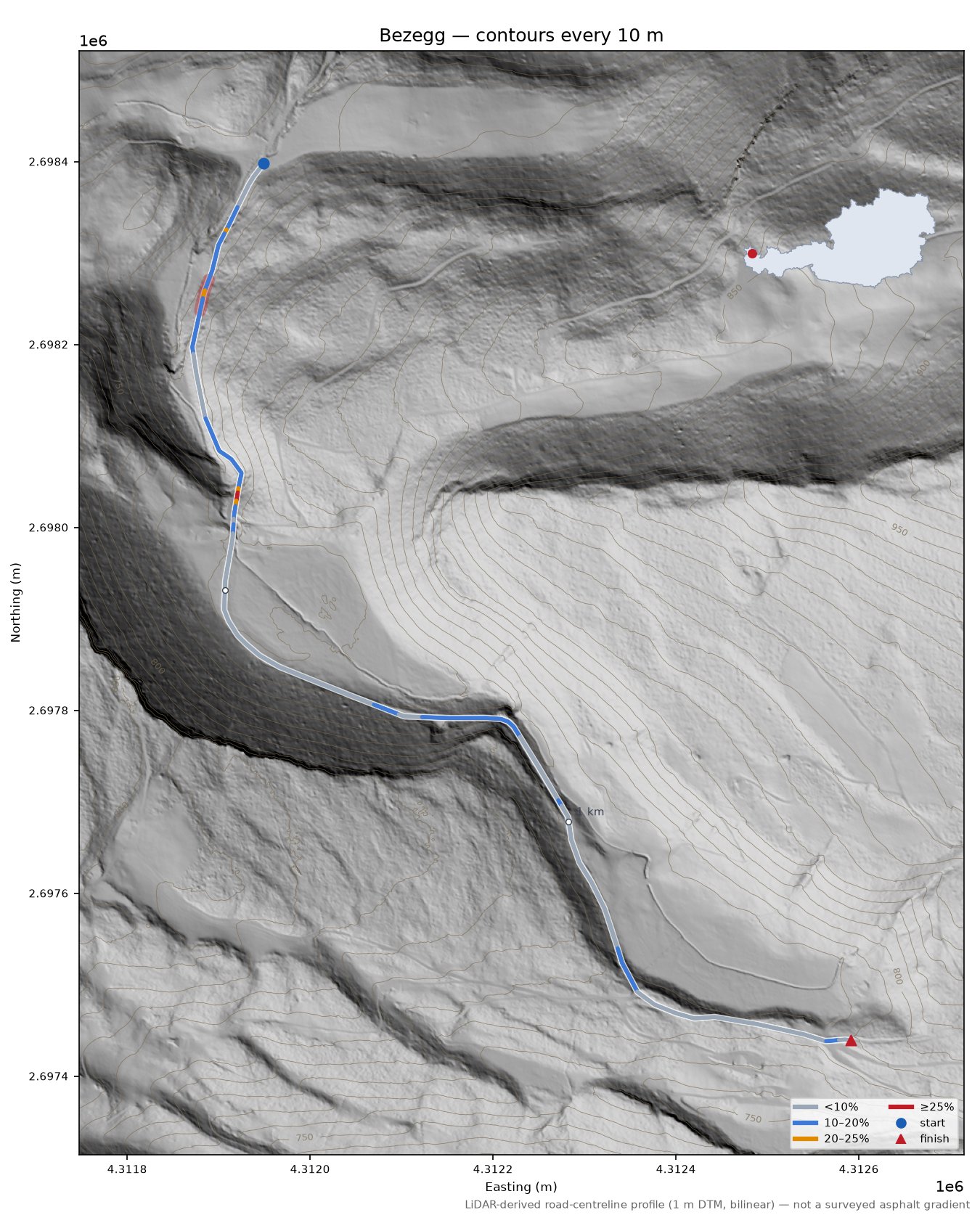 Bezegg LiDAR hillshade map with contours