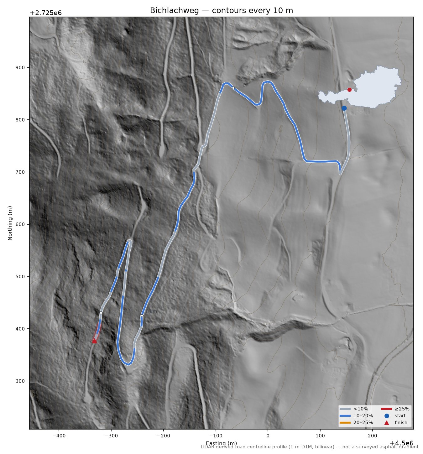 Bichlachweg LiDAR hillshade map with contours