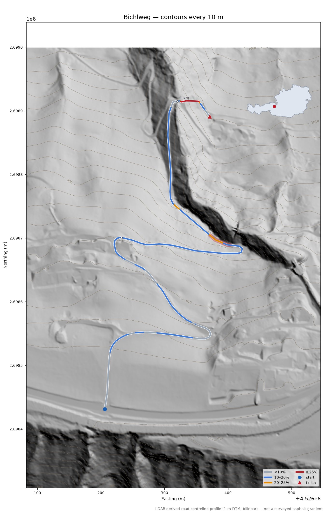 Bichlweg LiDAR hillshade map with contours