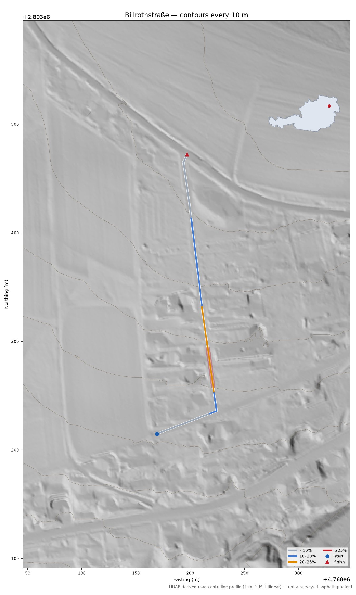 Billrothstraße LiDAR hillshade map with contours