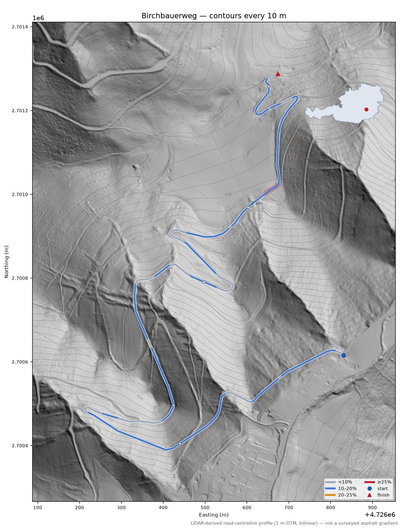 Birchbauerweg LiDAR hillshade map with contours
