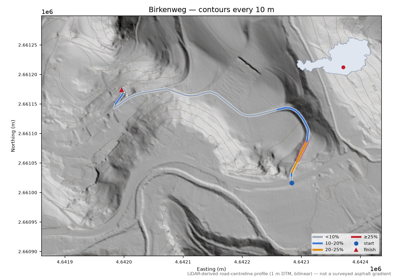 Birkenweg LiDAR hillshade map with contours