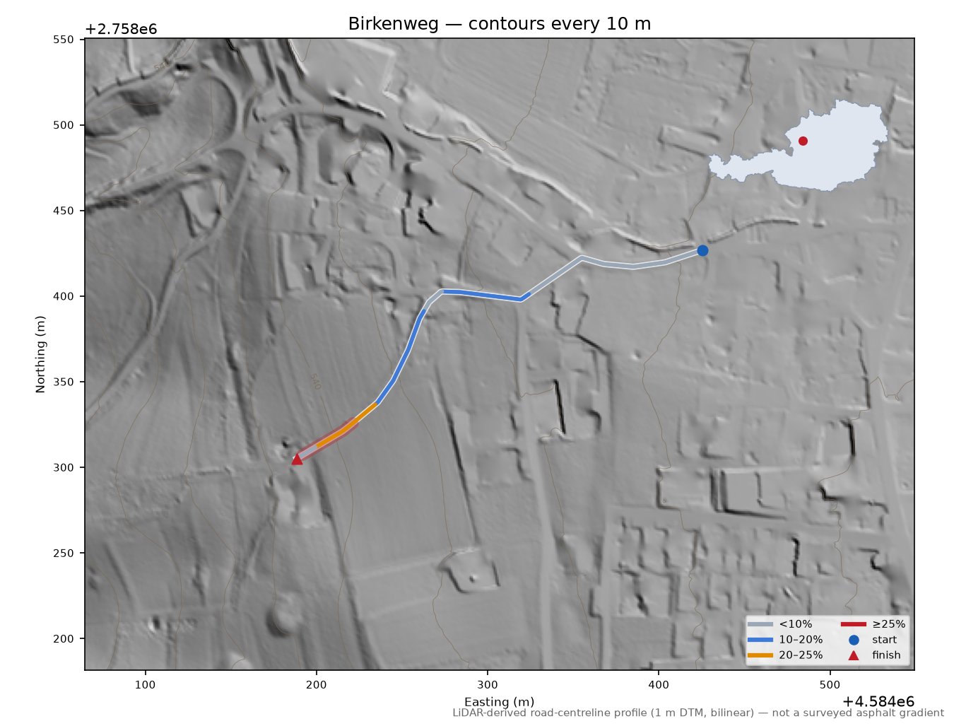 Birkenweg LiDAR hillshade map with contours