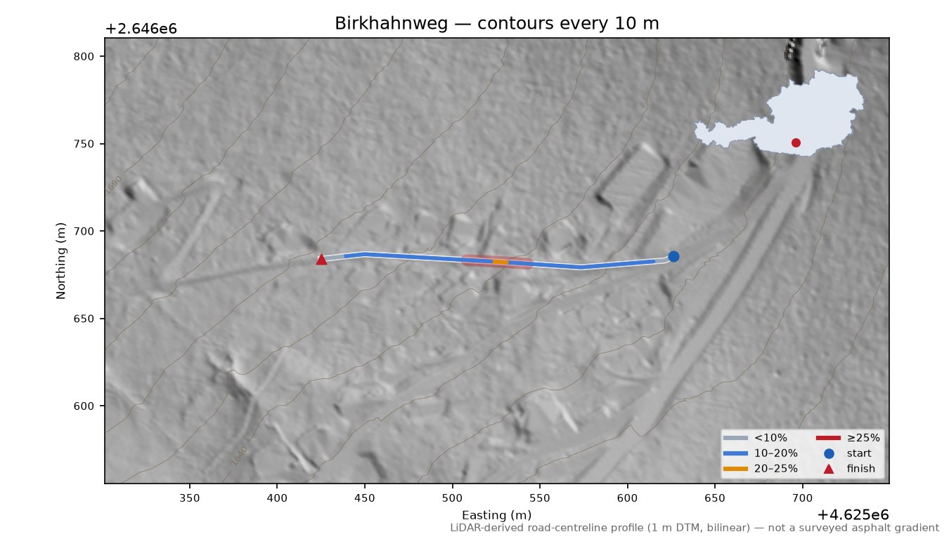Birkhahnweg LiDAR hillshade map with contours