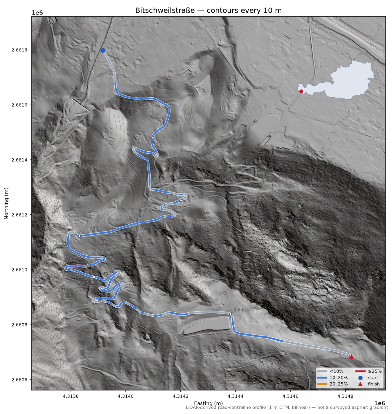 Bitschweilstraße LiDAR hillshade map with contours
