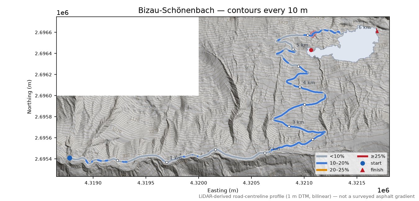 Bizau-Schönenbach LiDAR hillshade map with contours