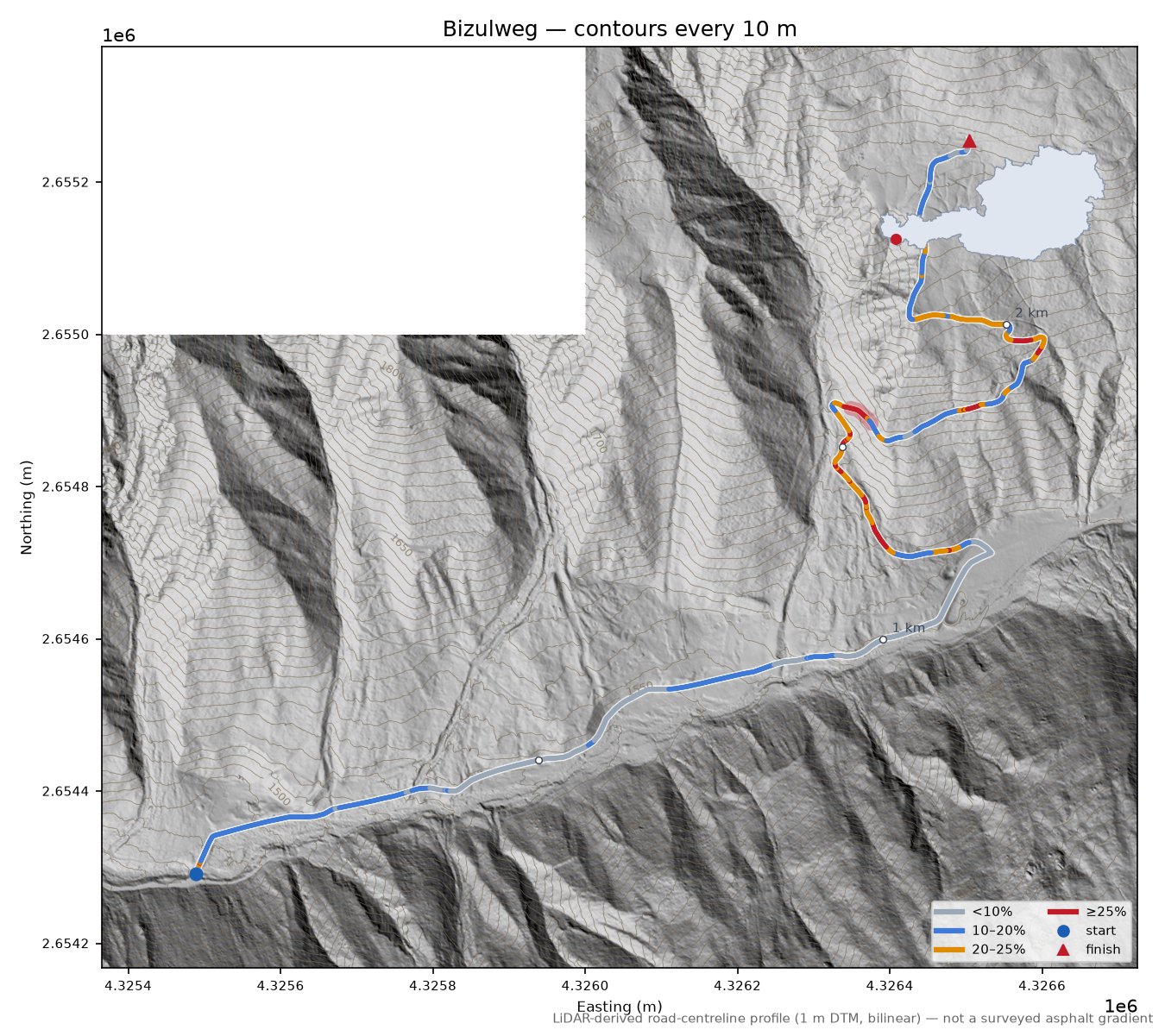 Bizulweg LiDAR hillshade map with contours