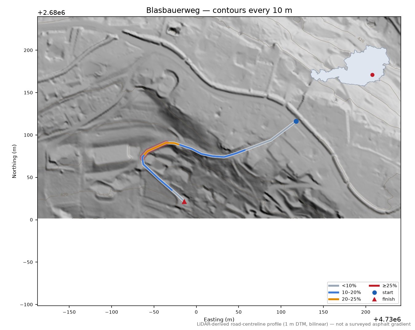 Blasbauerweg LiDAR hillshade map with contours