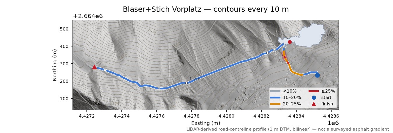 Blaser+Stich Vorplatz LiDAR hillshade map with contours