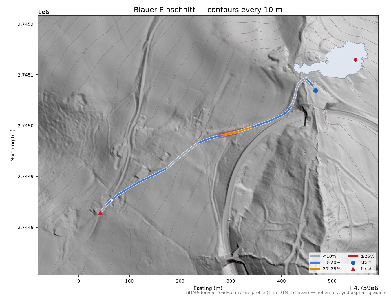 Blauer Einschnitt LiDAR hillshade map with contours