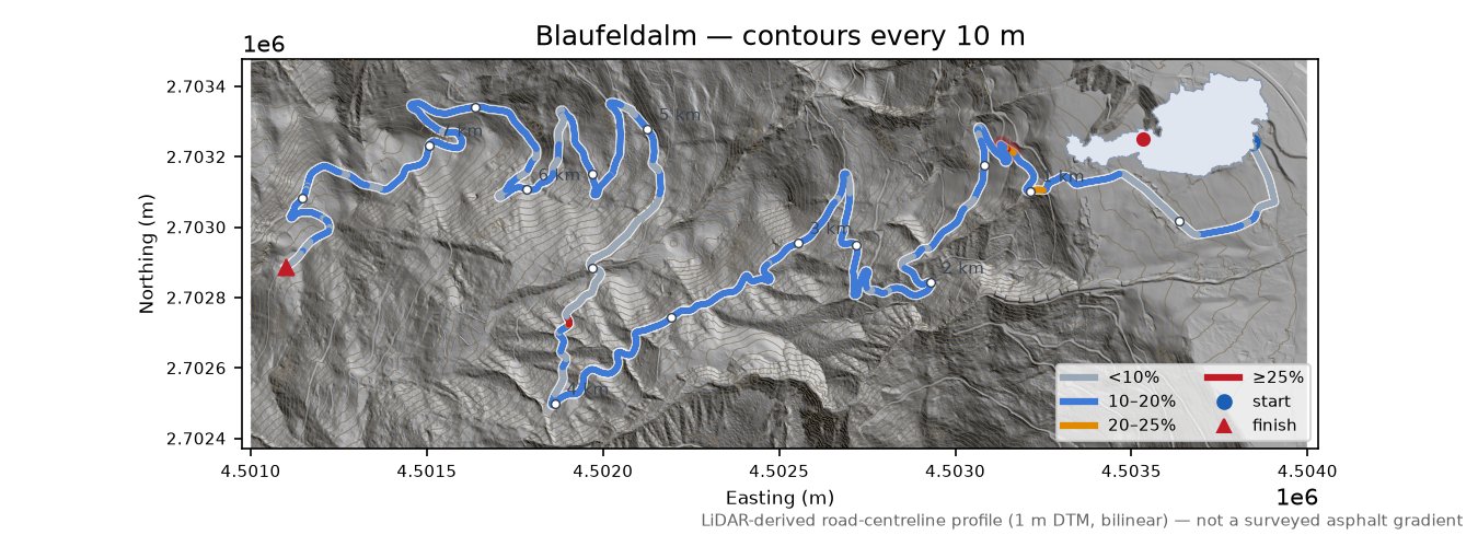 Blaufeldalm LiDAR hillshade map with contours