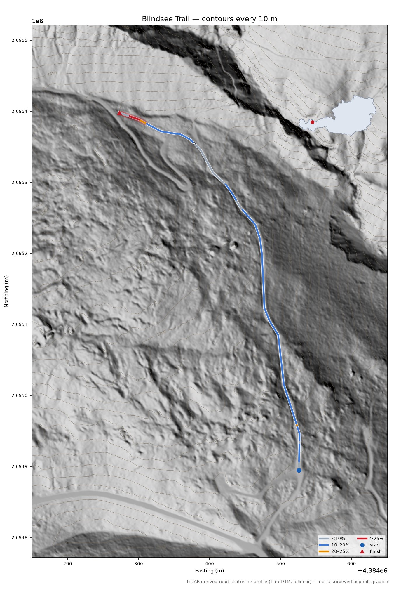 Blindsee Trail LiDAR hillshade map with contours