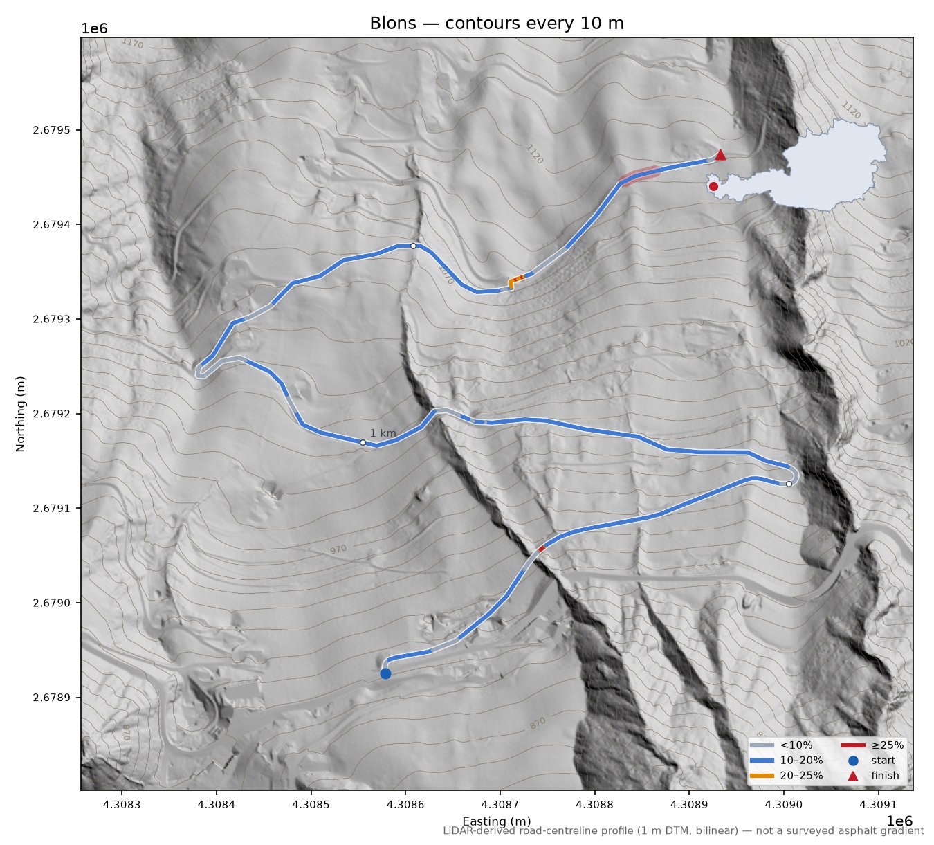 Blons LiDAR hillshade map with contours