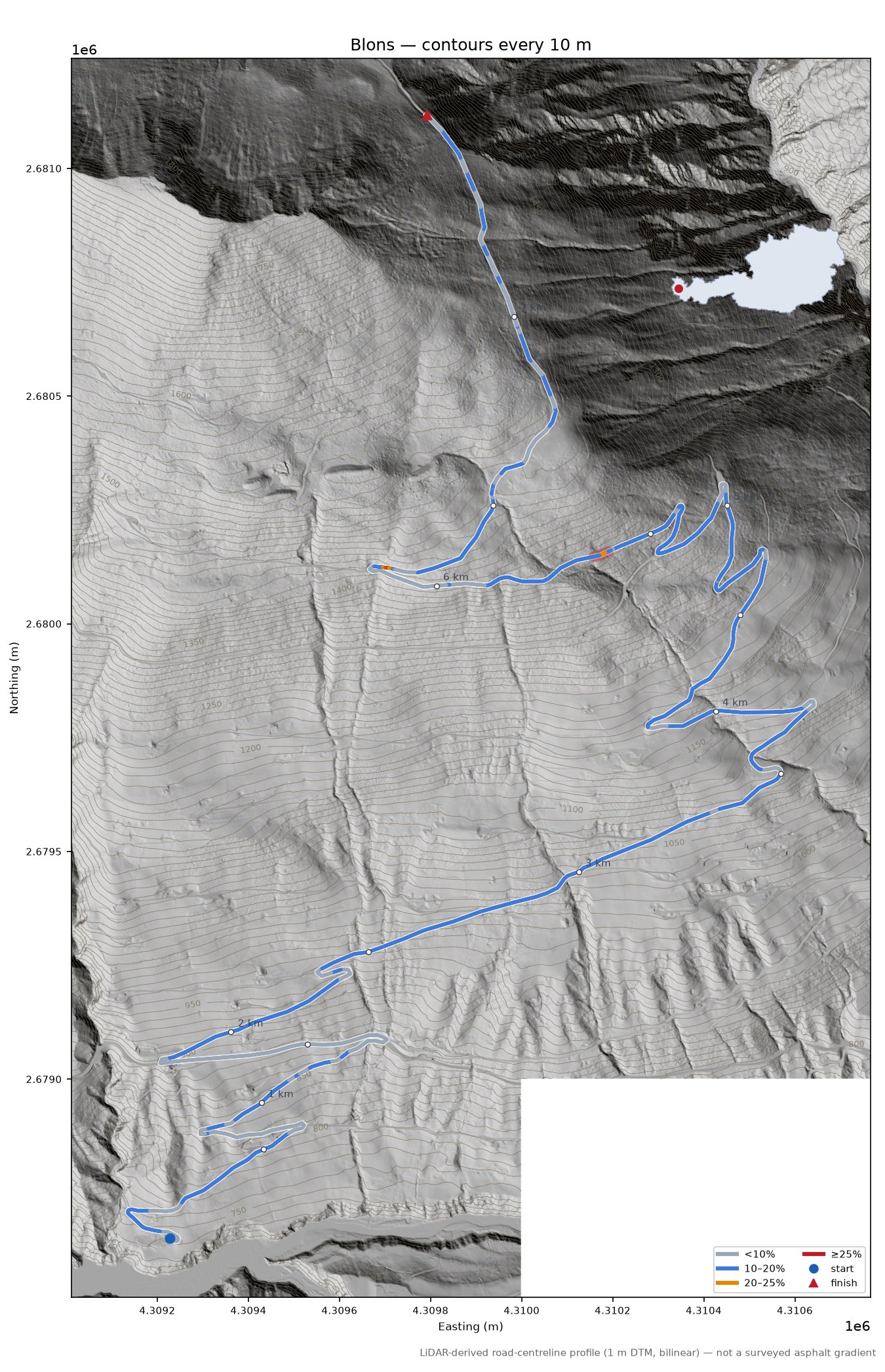 Blons LiDAR hillshade map with contours