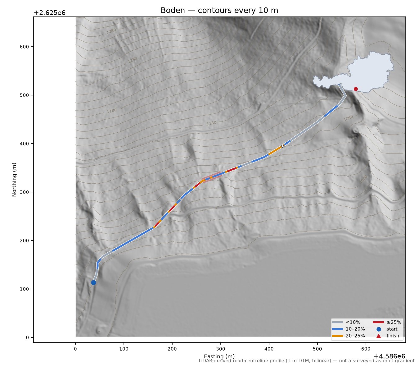 Boden LiDAR hillshade map with contours