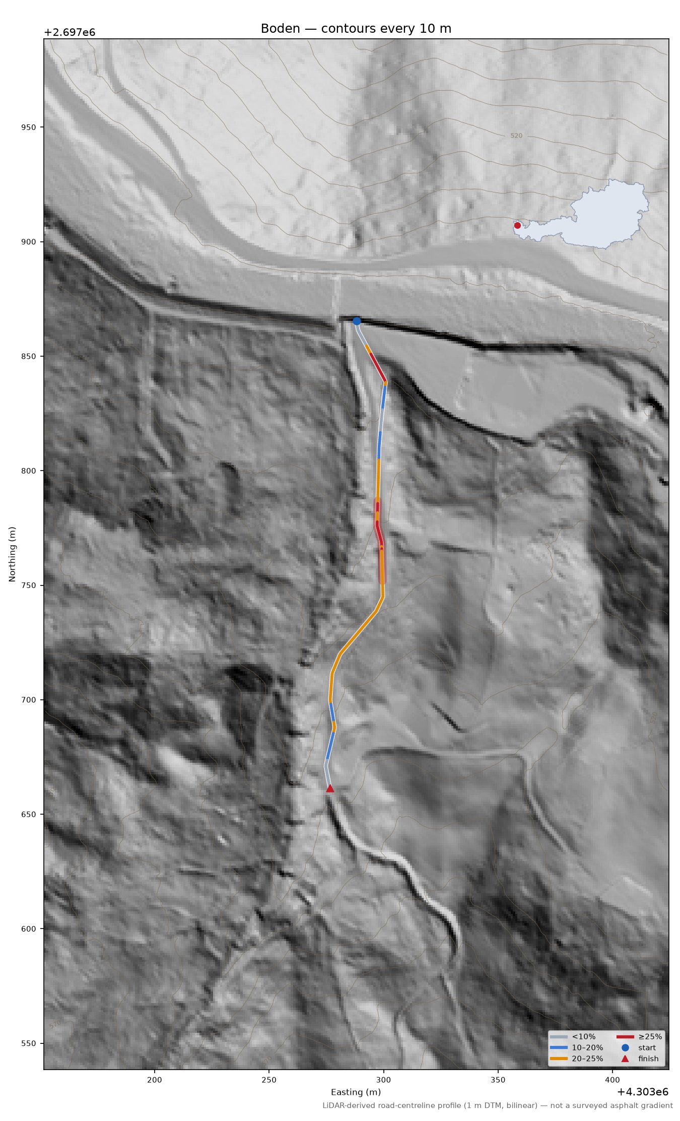 Boden LiDAR hillshade map with contours