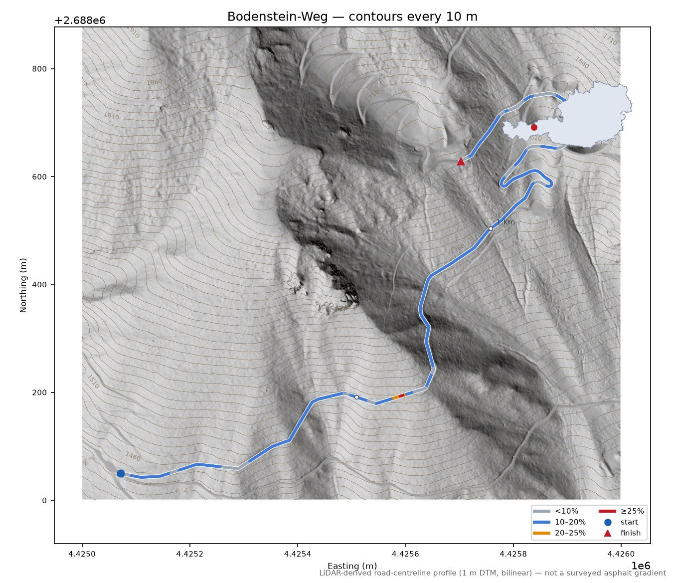 Bodenstein-Weg LiDAR hillshade map with contours