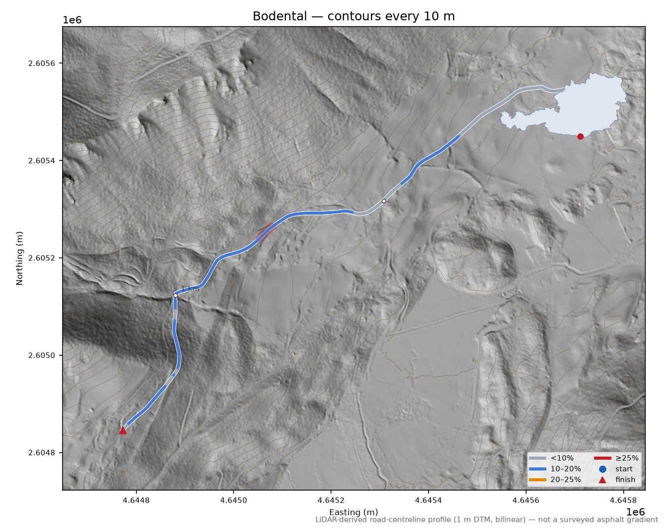 Bodental LiDAR hillshade map with contours