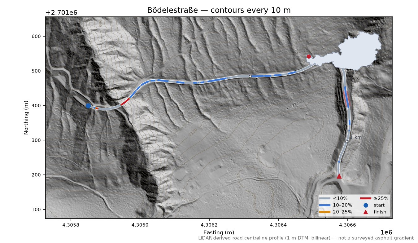 Bödelestraße LiDAR hillshade map with contours