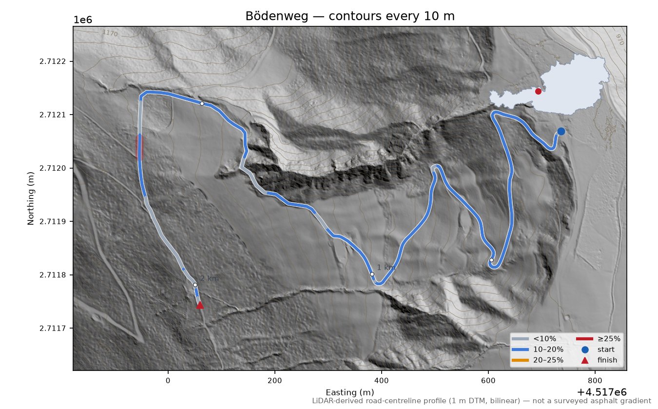 Bödenweg LiDAR hillshade map with contours
