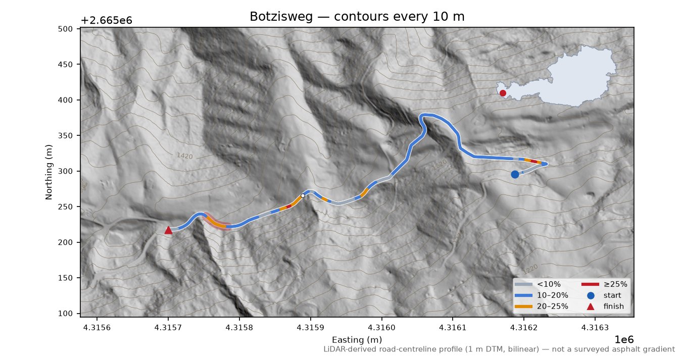 Botzisweg LiDAR hillshade map with contours