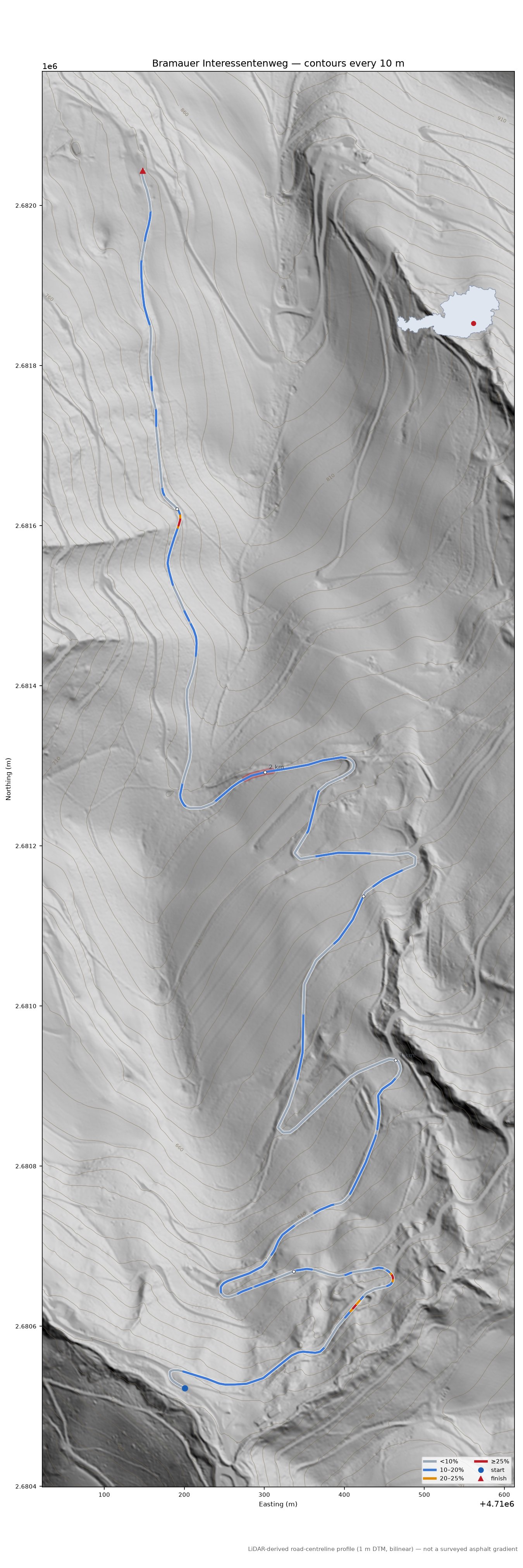 Bramauer Interessentenweg LiDAR hillshade map with contours