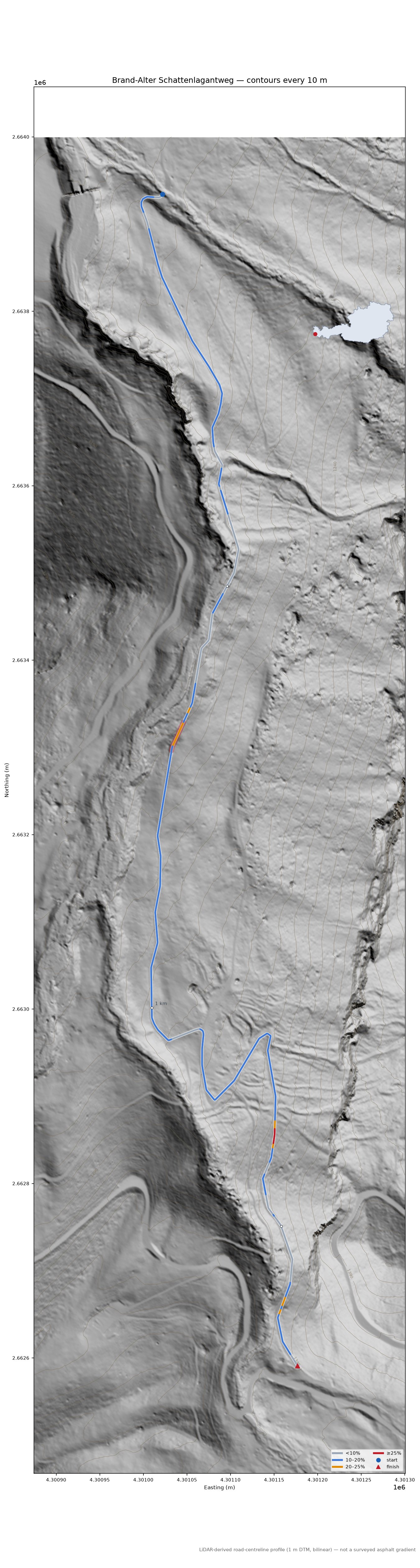 Brand-Alter Schattenlagantweg LiDAR hillshade map with contours