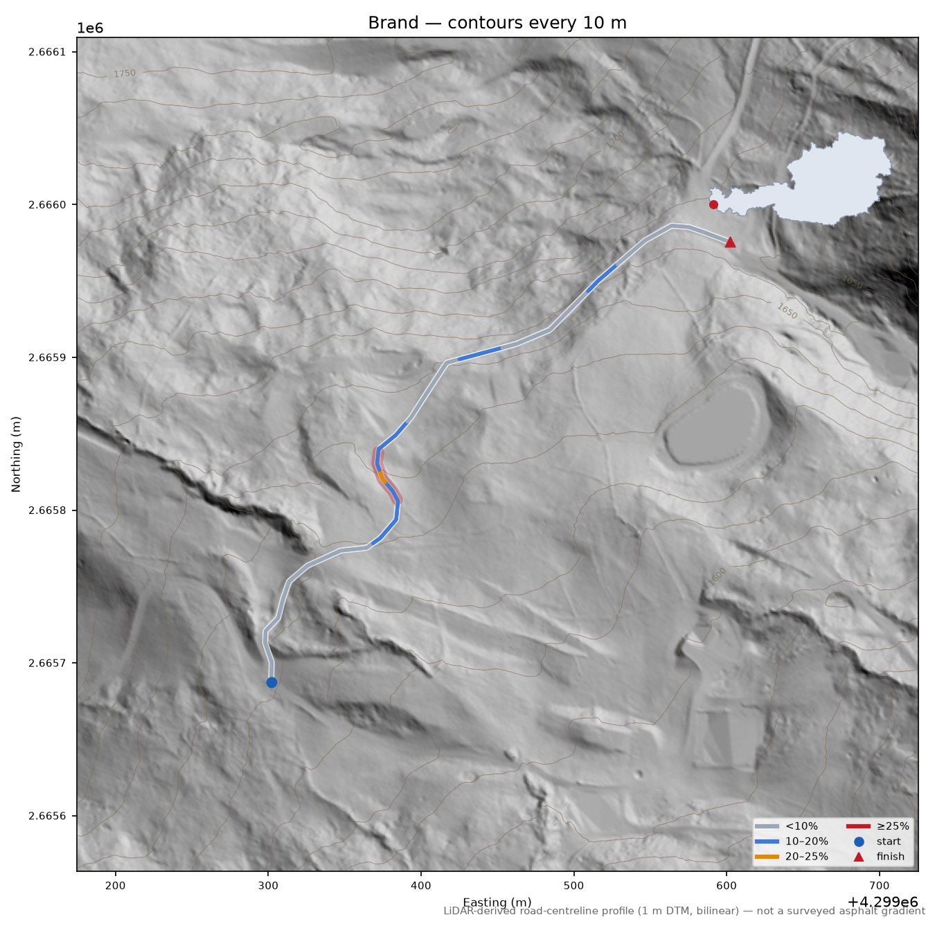 Brand LiDAR hillshade map with contours