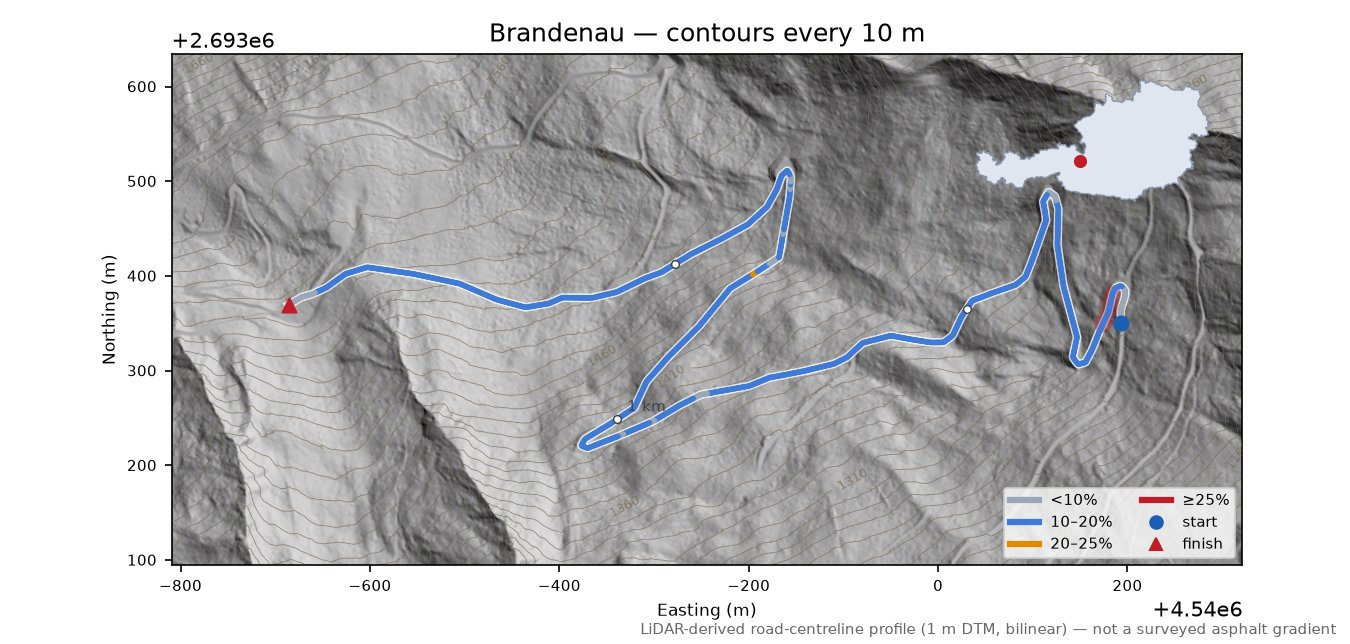Brandenau LiDAR hillshade map with contours
