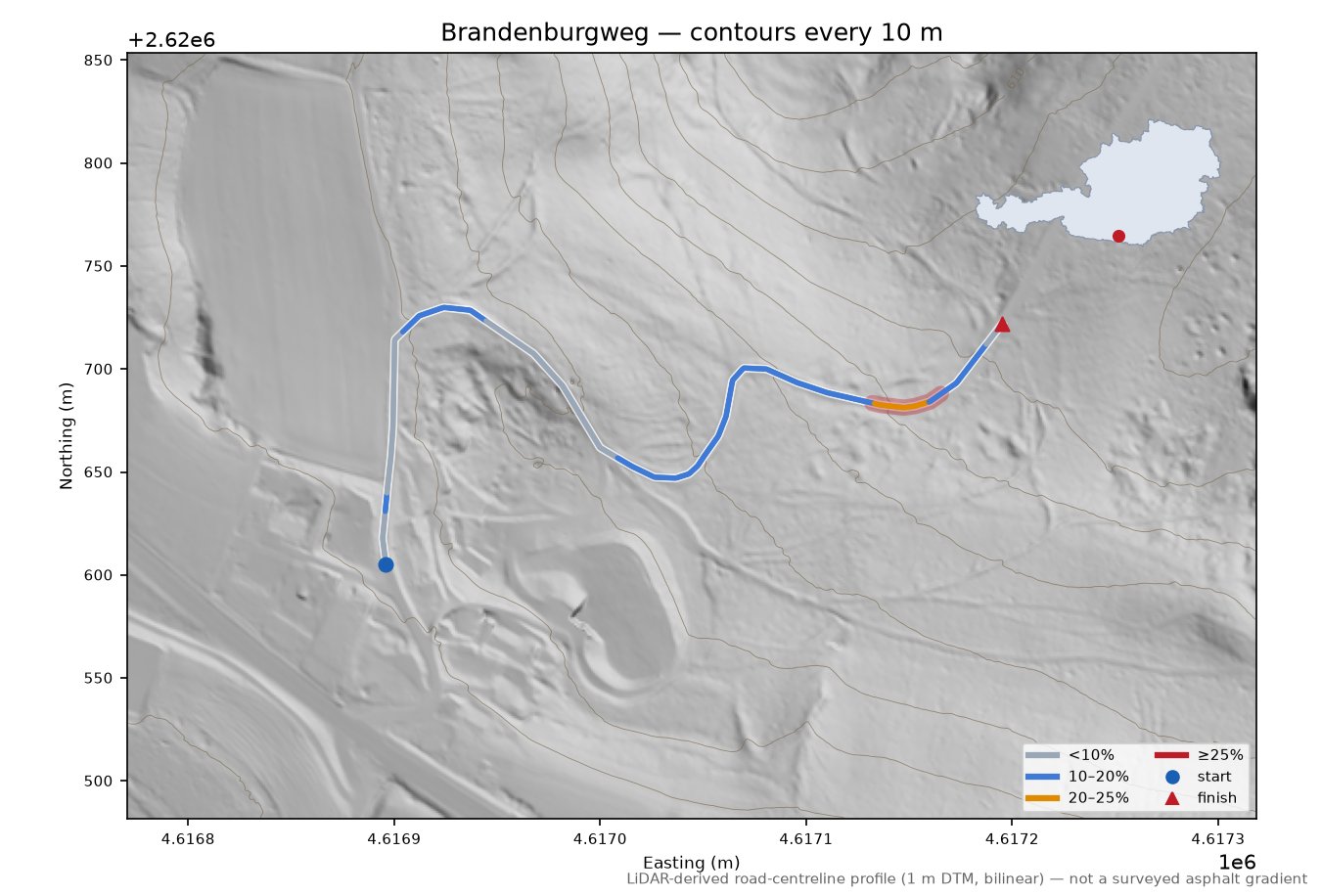 Brandenburgweg LiDAR hillshade map with contours