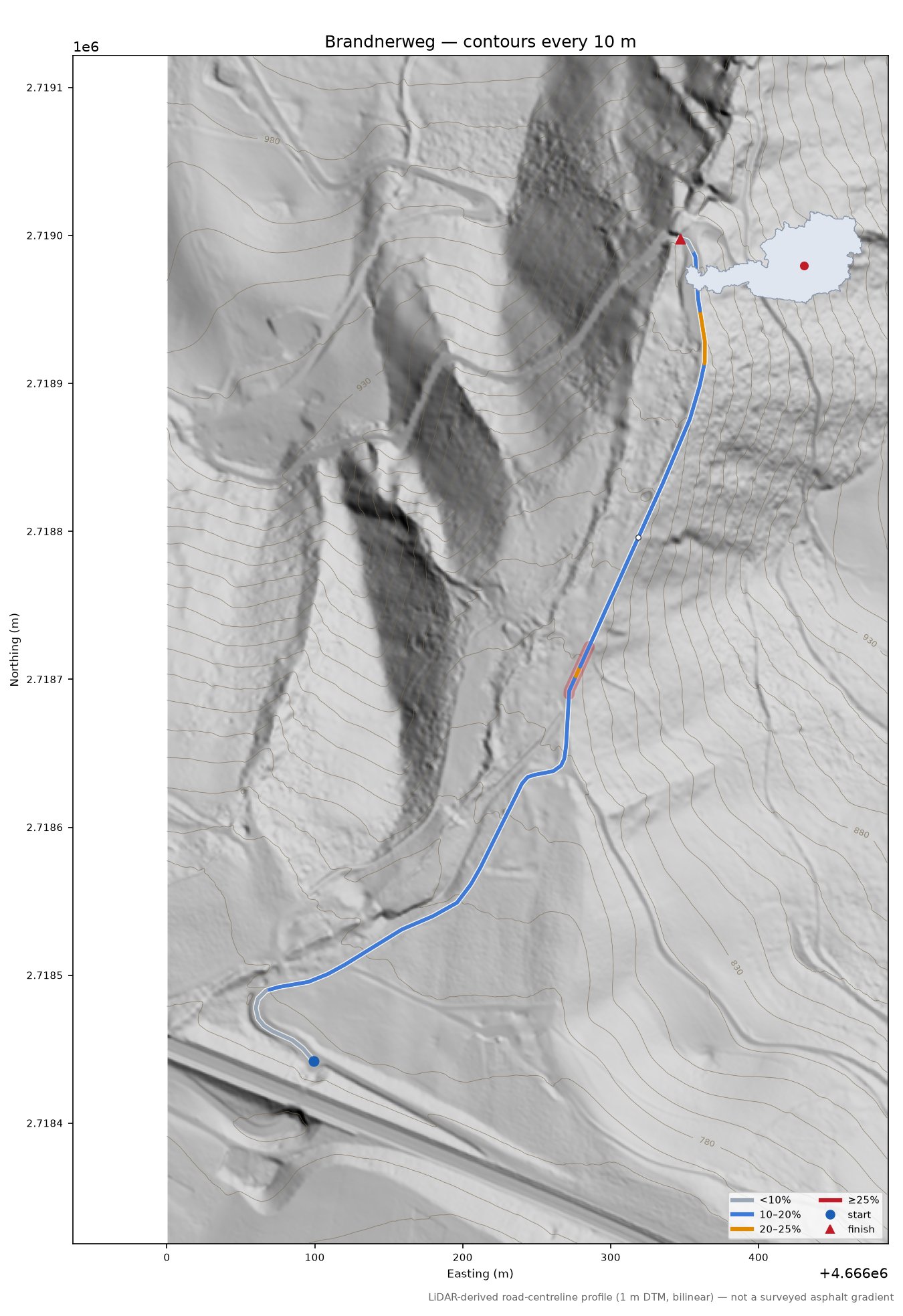 Brandnerweg LiDAR hillshade map with contours