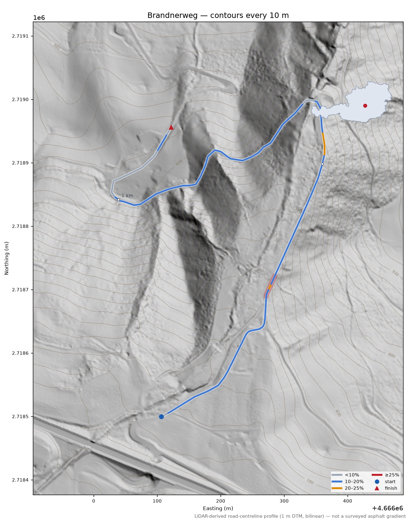 Brandnerweg LiDAR hillshade map with contours