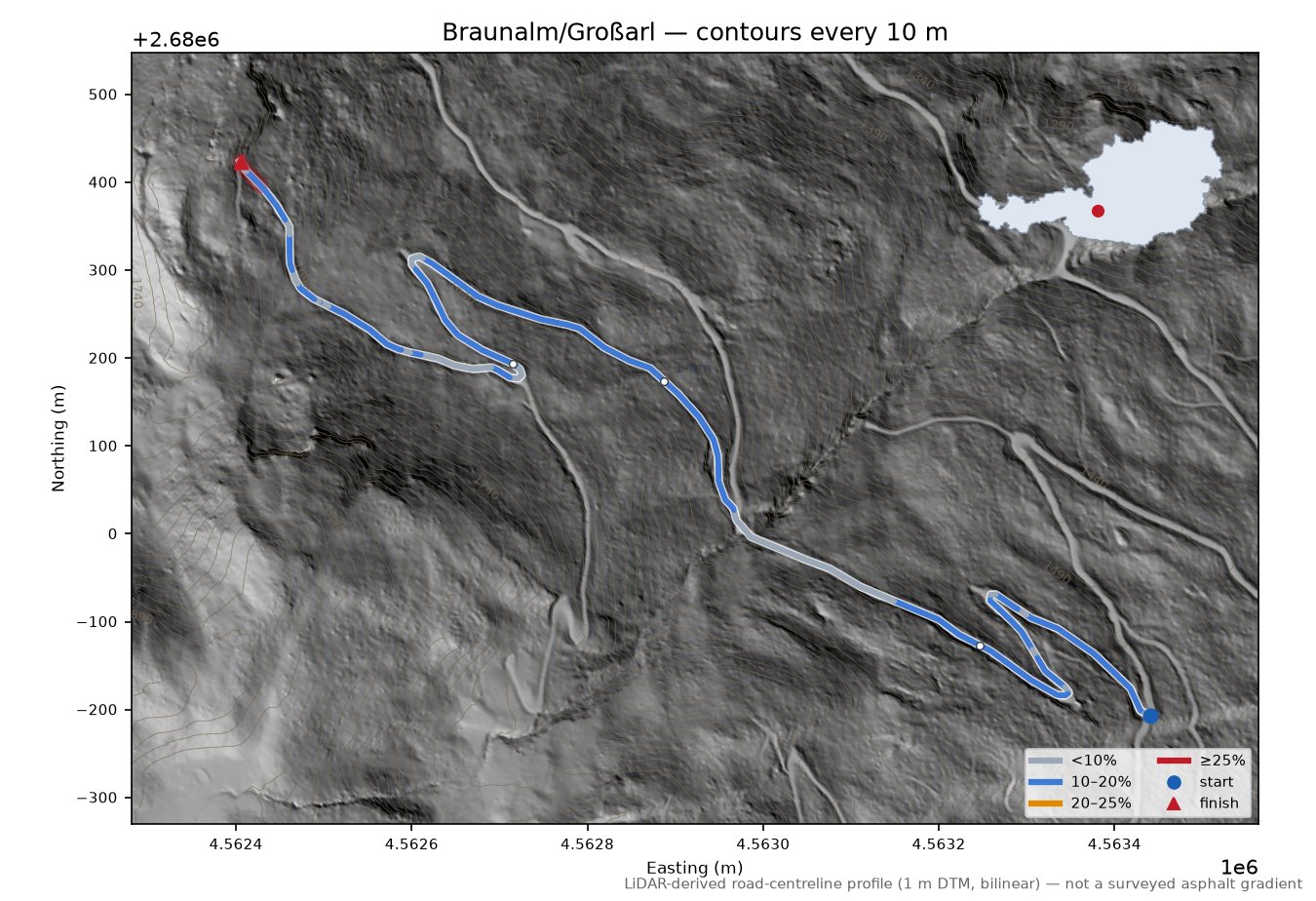 Braunalm/Großarl LiDAR hillshade map with contours