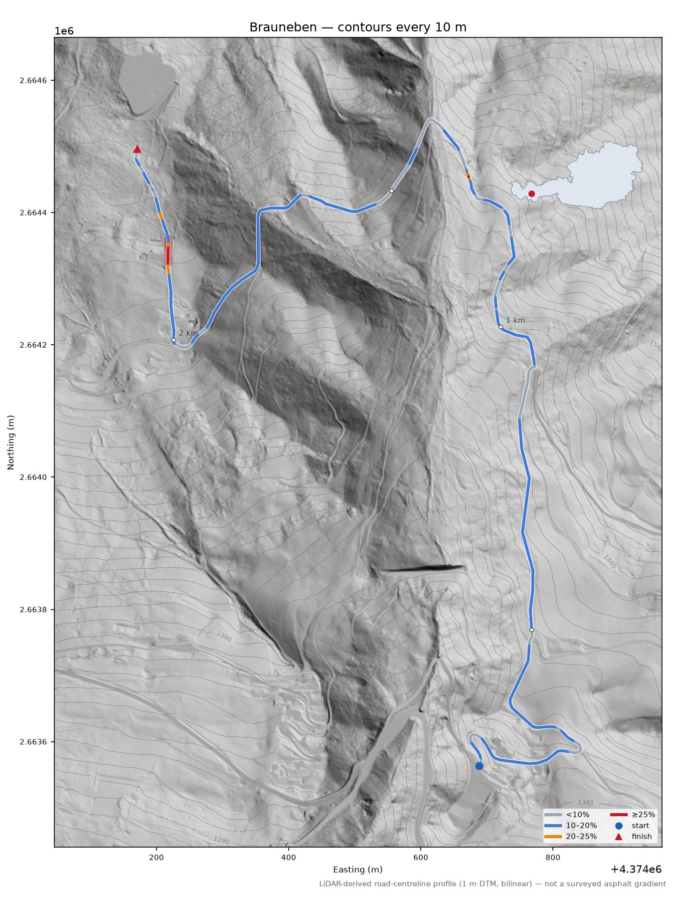 Brauneben LiDAR hillshade map with contours