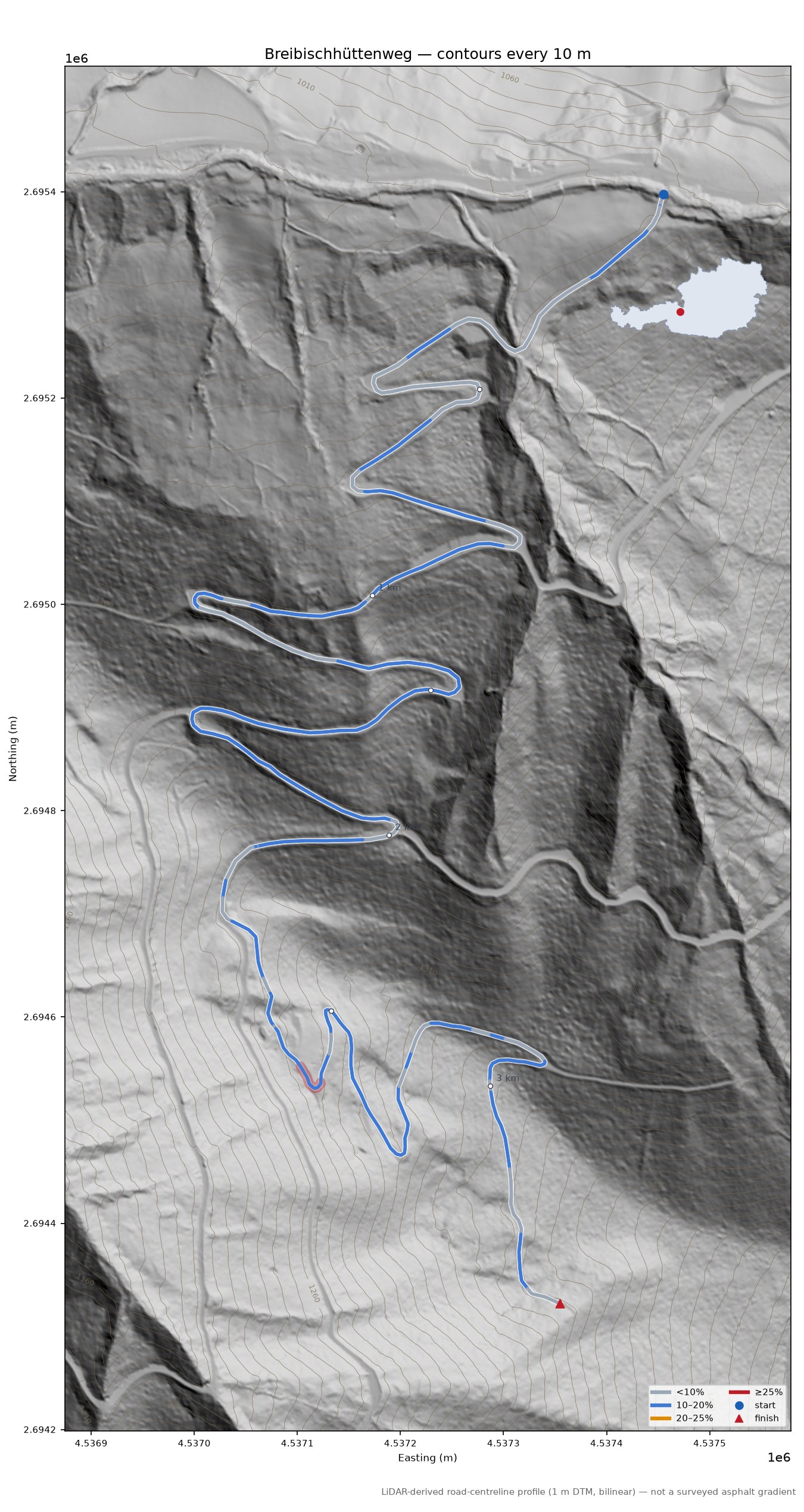 Breibischhüttenweg LiDAR hillshade map with contours