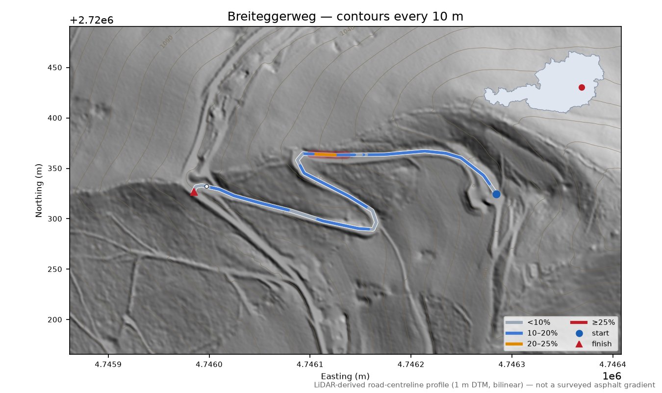 Breiteggerweg LiDAR hillshade map with contours