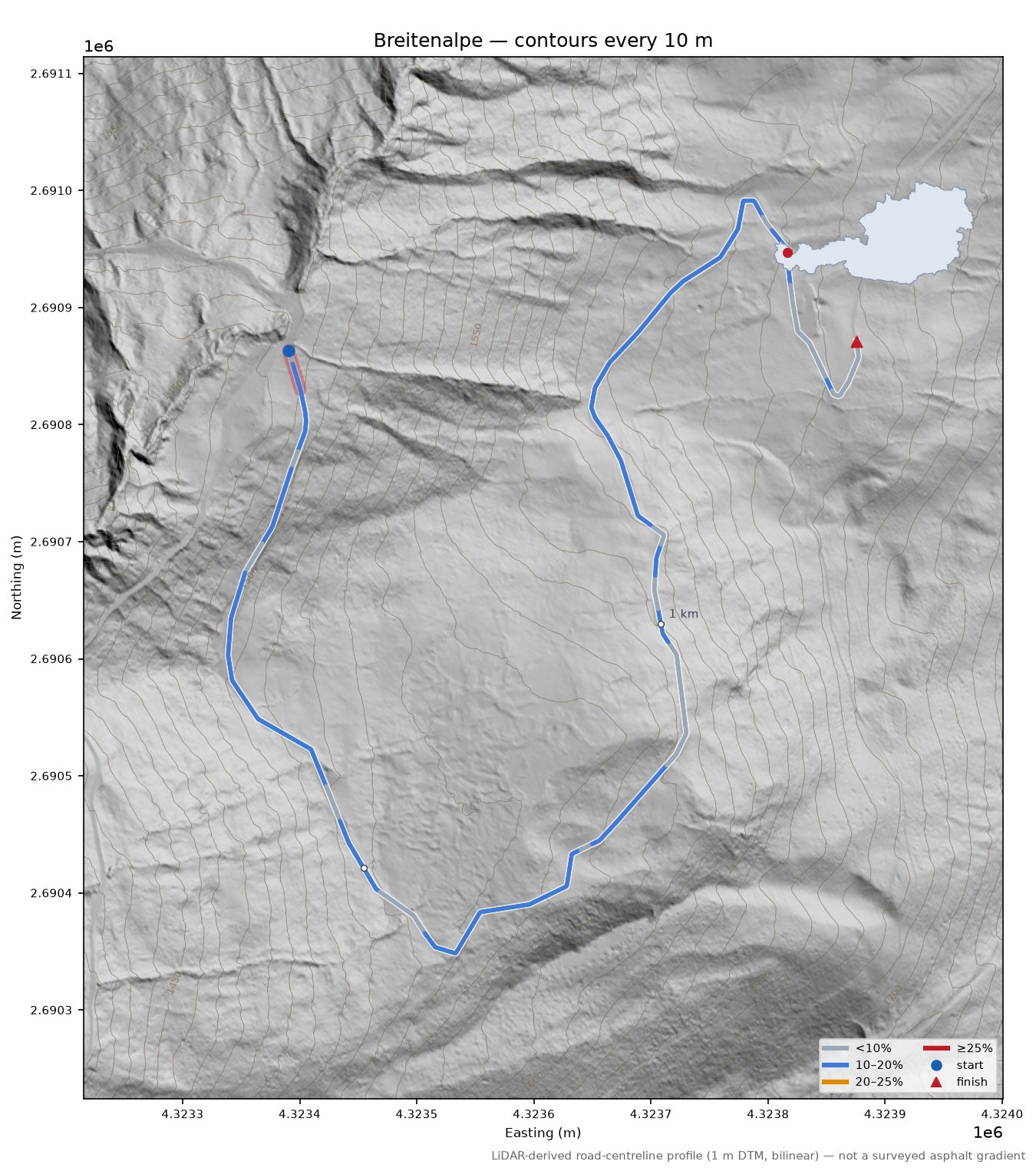 Breitenalpe LiDAR hillshade map with contours