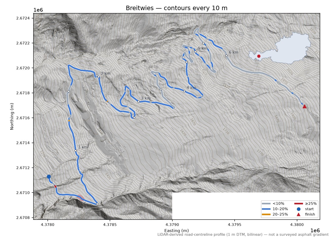 Breitwies LiDAR hillshade map with contours