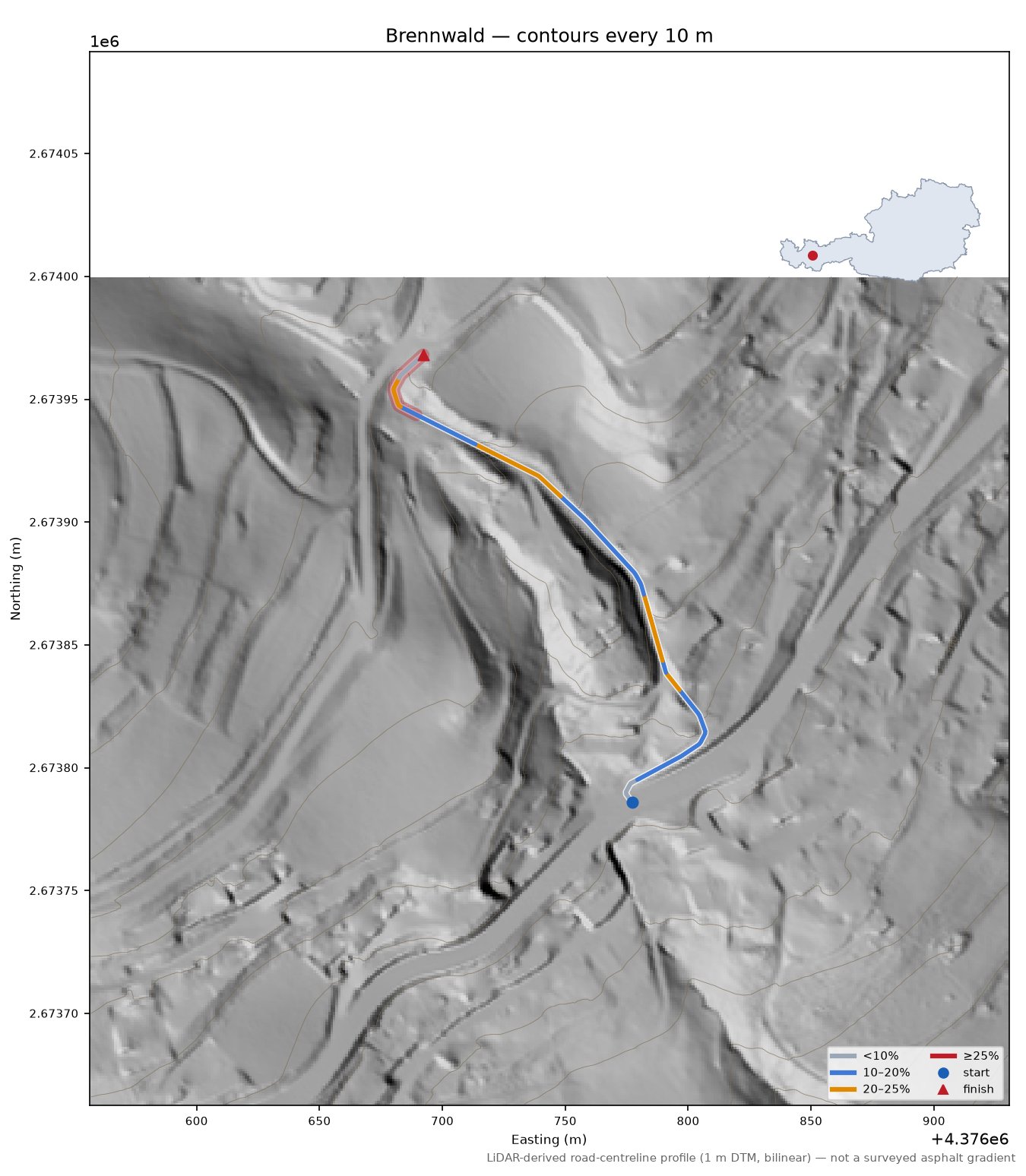 Brennwald LiDAR hillshade map with contours