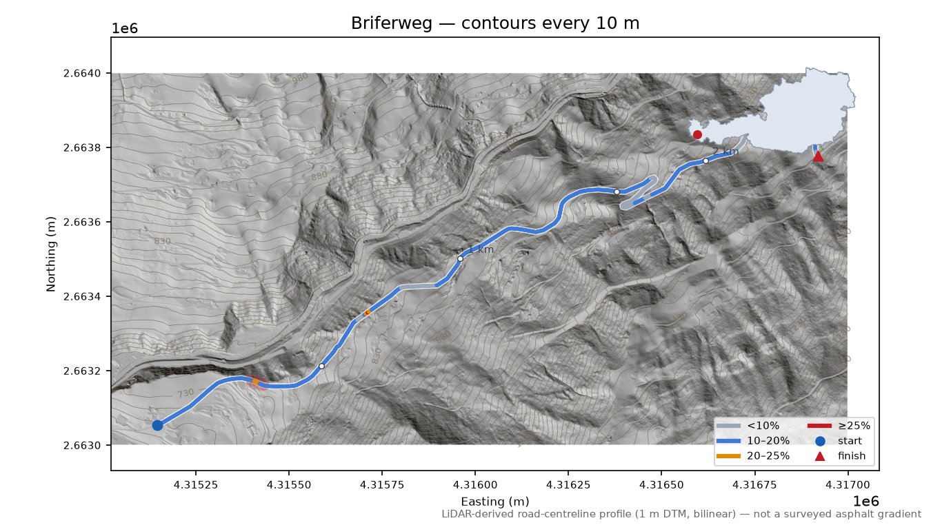 Briferweg LiDAR hillshade map with contours