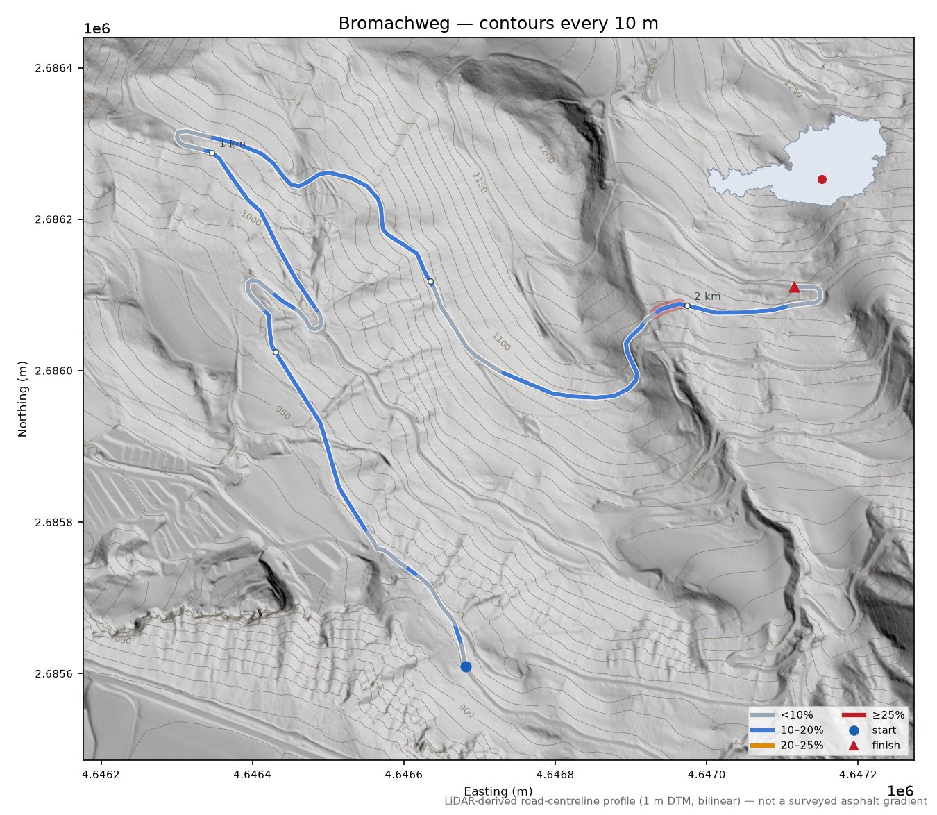 Bromachweg LiDAR hillshade map with contours