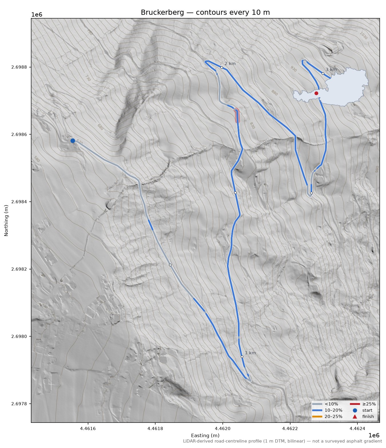 Bruckerberg LiDAR hillshade map with contours