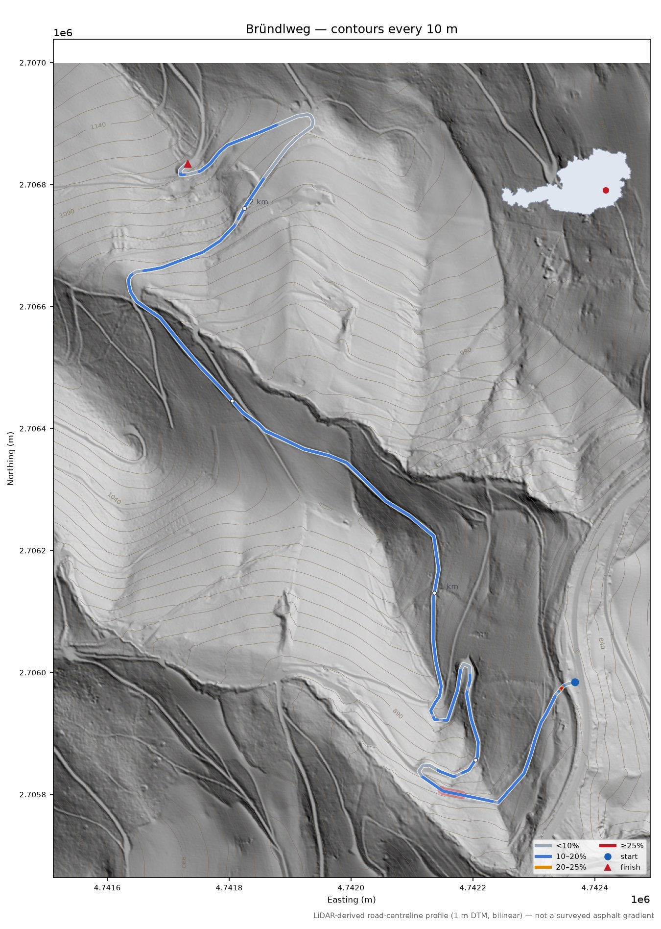 Bründlweg LiDAR hillshade map with contours
