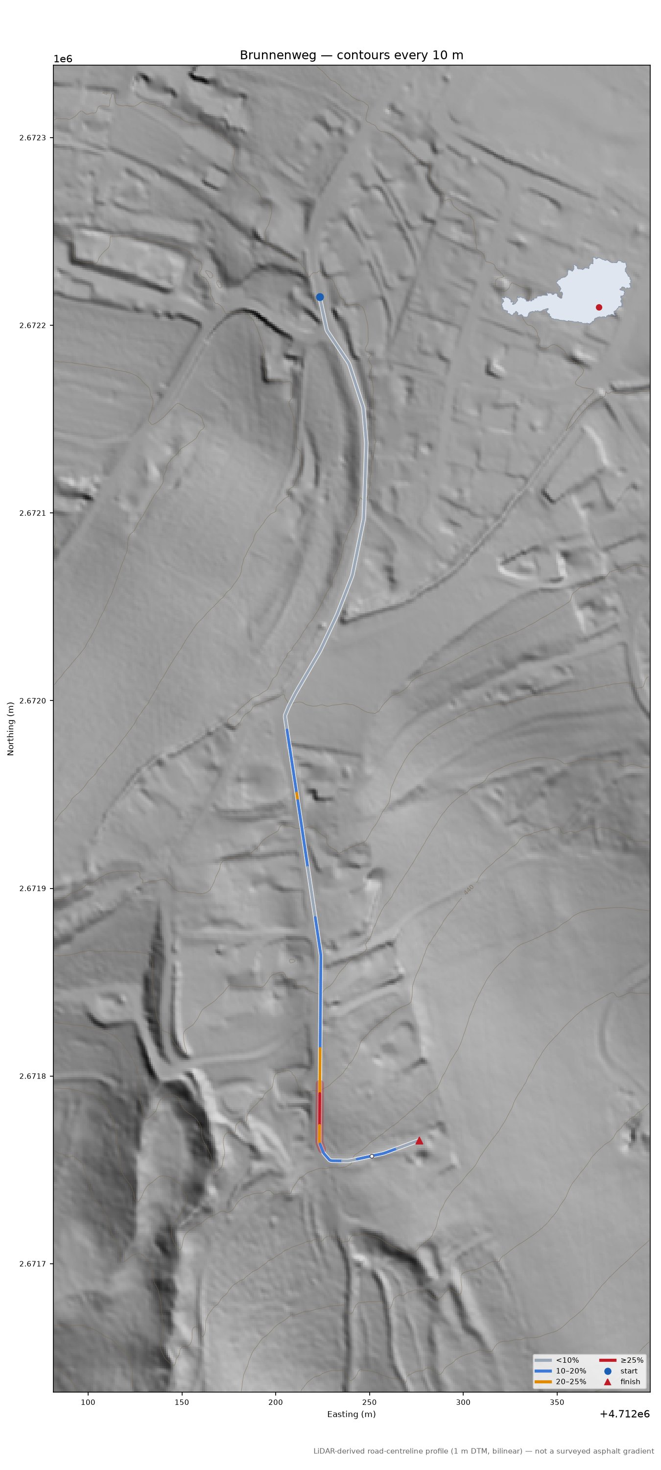 Brunnenweg LiDAR hillshade map with contours