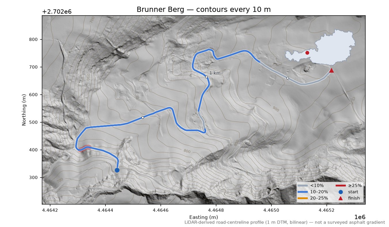 Brunner Berg LiDAR hillshade map with contours