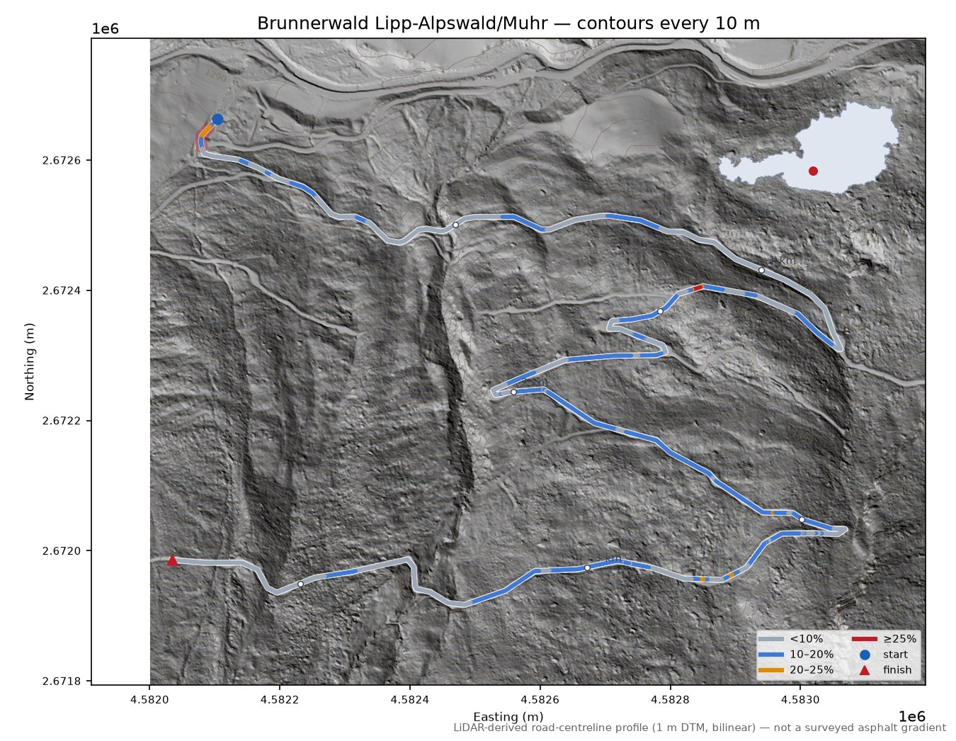 Brunnerwald Lipp-Alpswald/Muhr LiDAR hillshade map with contours