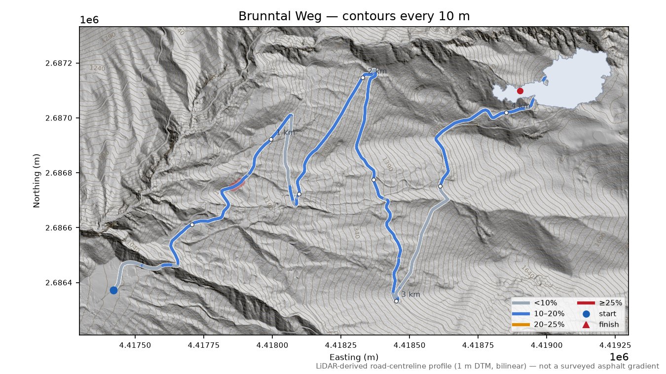 Brunntal Weg LiDAR hillshade map with contours