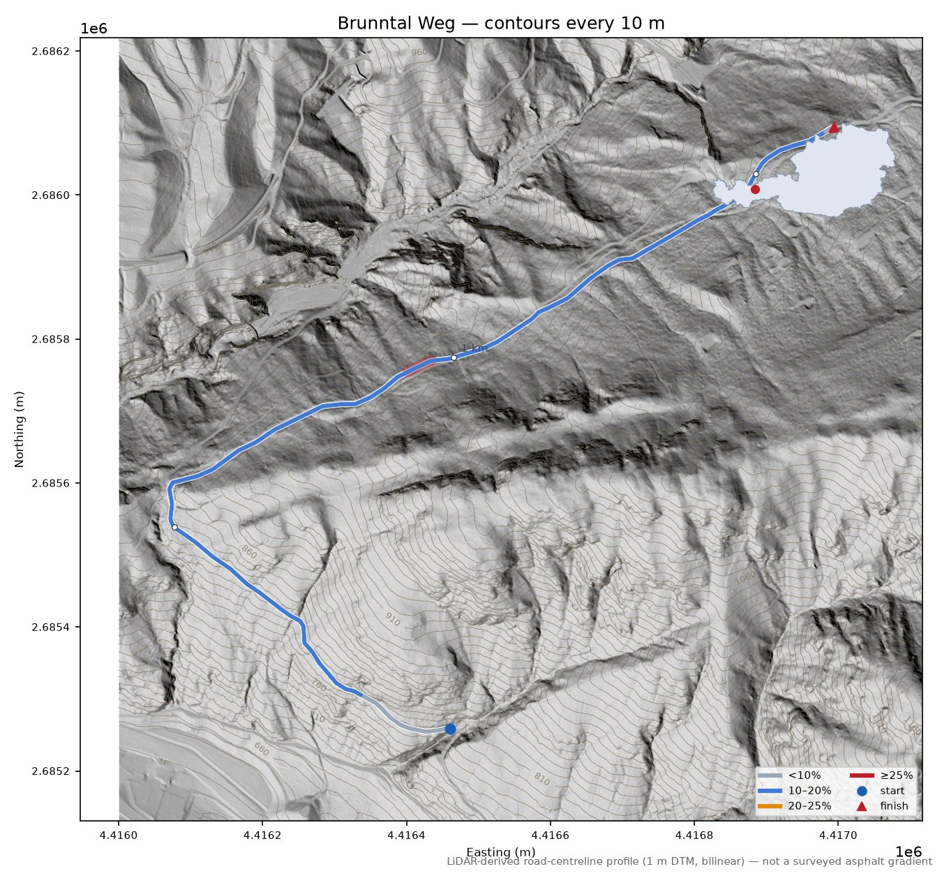 Brunntal Weg LiDAR hillshade map with contours