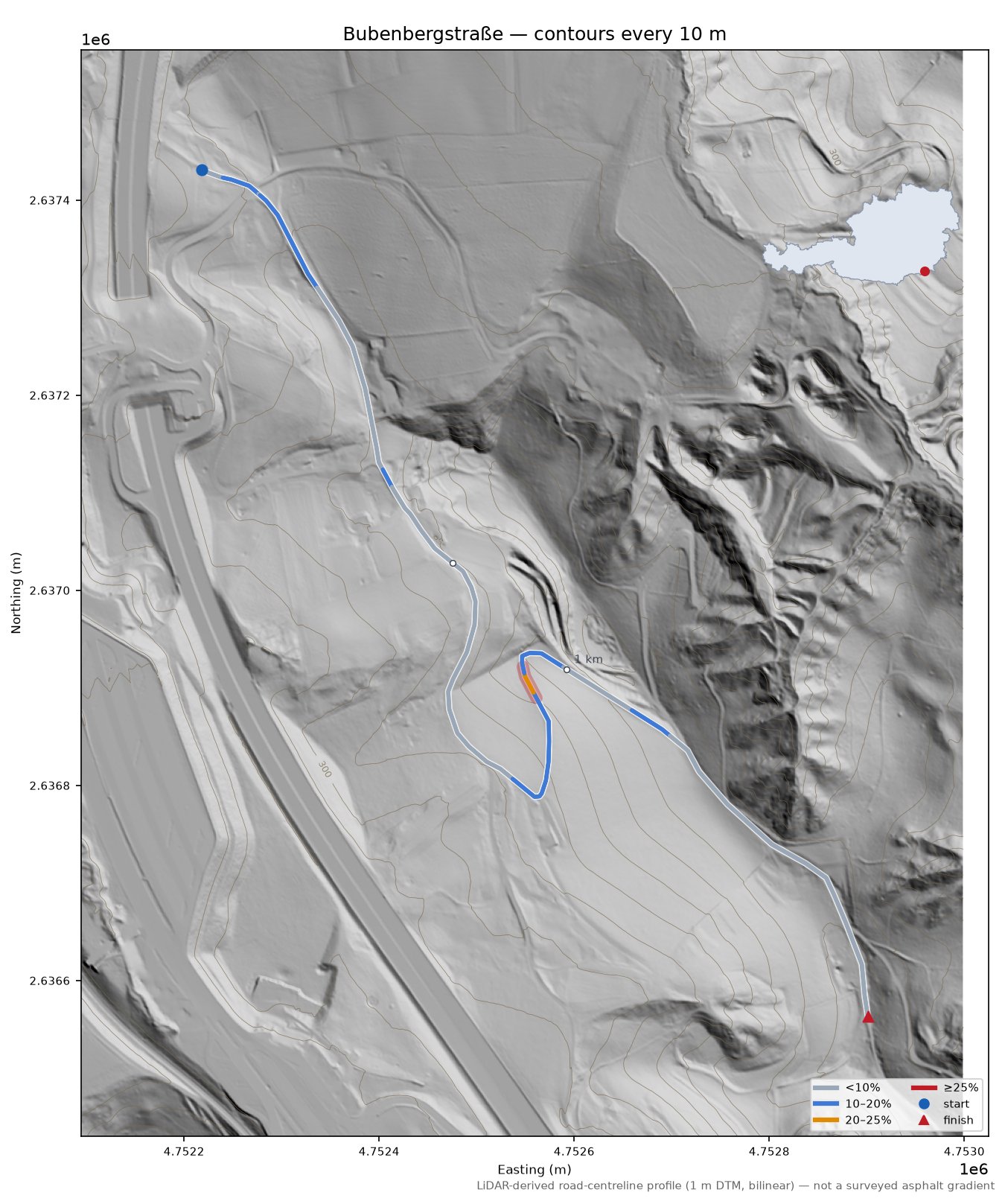 Bubenbergstraße LiDAR hillshade map with contours