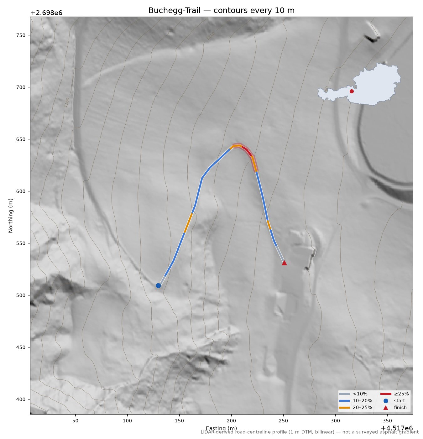 Buchegg-Trail LiDAR hillshade map with contours